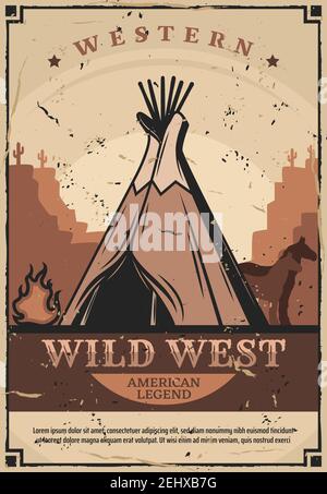 Wild West wigwam, native Americans or Indian dwelling, retro vector. Cone tent, house of sticks and animal skin near fire with horses silhouette. West Stock Vector