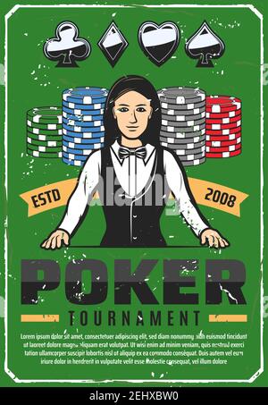 Casino retro poster for poker tournament. Female croupier in vest and bow, chips for stakes and cards suits. Gambling competition or championship anno Stock Vector