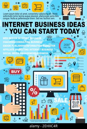 Internet business ideas and online web e-commerce startup development or freelance work statistics. Vector website technology, user files icons on lap Stock Vector