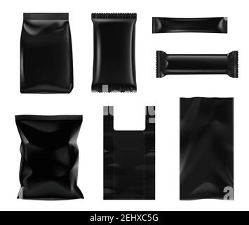 Black polymer and paper packaging for foods and packets. Containers for snack, chocolate bar or grocery products templates. Disposable packages for fo Stock Vector
