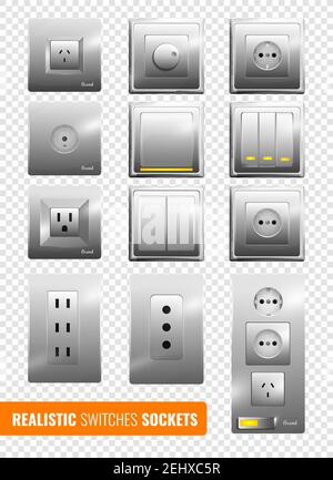 Set of realistic wall electrical switches and sockets with reflection on transparent background isolated vector illustration Stock Vector