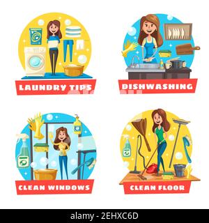 Cleaning and laundry service icons with girl doing housework. Floor and window cleaning, laundry and dishwashing vector design of woman with vacuum cl Stock Vector
