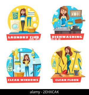 Cleaning and laundry service icons with girl doing housework. Floor and window cleaning, laundry and dishwashing vector design of woman with vacuum cl Stock Vector