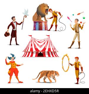 Big tent of circus with lion and trainer, magician and juggler, tiger on entertainment show. Dangerous tricks with wild animals, funfair characters ve Stock Vector