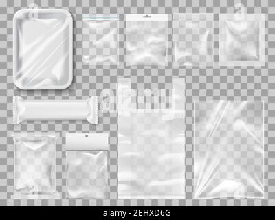 Empty packs, plastic package and vacuum containers mockups for food. Transparent disposable clean packages for meat and chocolate bar, spices and past Stock Vector