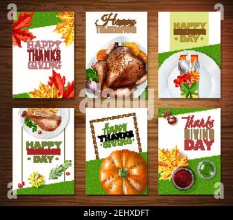 Six colored and realistic turkey thanksgiving day banner set with happy thanks giving and thanks giving day headlines vector illustration Stock Vector