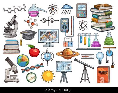 Vector education and science sketch icons. Chemical formula and flasks, books and microscope, student hat and monitor, globe and planet, DNA and compa Stock Vector