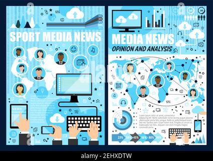 News media industry with printed newspaper, broadcast news on radio and tv and internet online applications with vector thin line mobile phone, comput Stock Vector