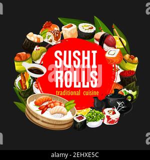 Japanese sushi and rolls, restaurant banner of japanese cuisine. Vector seafood, perch and salmon sashimi, eel unagi maki with chopsticks, soy and was Stock Vector