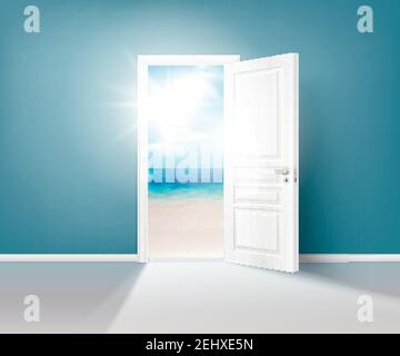 Colored doors nature realistic composition with out of the house on the sunny street vector illustration Stock Vector