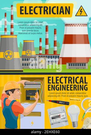 Electrician profession, electrical engineering and energetics. Electricity generation and power plants in vector. Voltmeter and battery, light bulb an Stock Vector