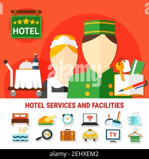 Hotel facilities background with maid and doorman figurines food cart and  five stars plate flat vector illustration Stock Vector