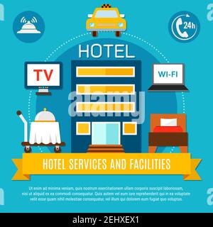 Hotel services and facilities vector illustration with abstract modern hotel building and amenities icons Stock Vector