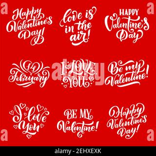 Happy Valentine Day lettering for 14 February season holiday greeting card. Vector love quotes and red hearts calligraphy for I Love You and Be My Val Stock Vector