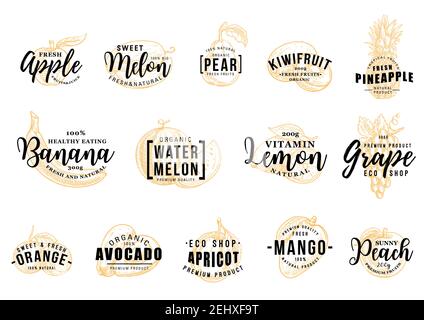 Tropical fruits icons with letterings. Apple and melon, pear and kiwi, pineapple and banana, watermelon and lemon, grape and orange. Avocado and apric Stock Vector