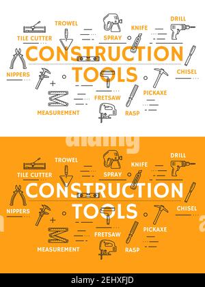 Construction tools line art posters with outline icons. Tile cutter and trowel, spray and knife, drill and chisel, pickaxe and rasp, fret saw and meas Stock Vector