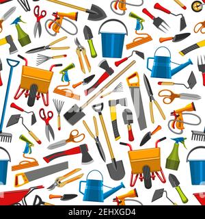 Gardening tools and agriculture pattern. Vector seamless design of farm boots, rake and spade, watering can and wheelbarrow , glove and boots, pruners Stock Vector