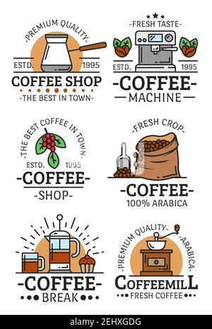 Coffee shop, cafe and coffehouse icons or emblems. Vector coffee machine maker, French press and espresso, americano cup and coffee machine steam or A Stock Vector