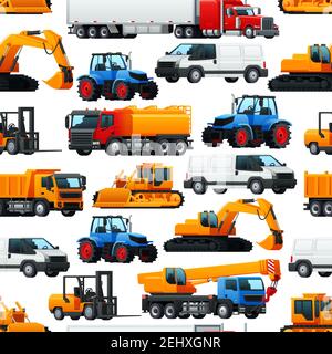 Industrial machinery, vehicles and transport pattern background. Vector seamless pattern of agriculture tractor, construction excavator digger, fuel t Stock Vector