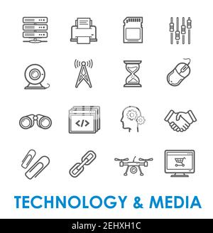 Computer technology and media vector icons of internet communication and connection. Thin line mouse, link, search and cloud server, download, printer Stock Vector