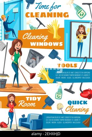 Cleaning and washing windows, housekeeping and household. Vector vacuum cleaner and mop, plunger and sprayer for glass, scoop and gloves, broom and bu Stock Vector