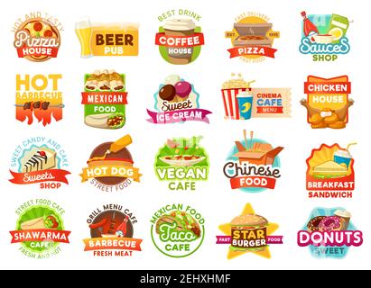 Fast food vector icons and signs. Pizza house and beer pub, coffee and sauce shop, barbecue and mexican cuisine, ice cream and cinema cafe, chicken an Stock Vector
