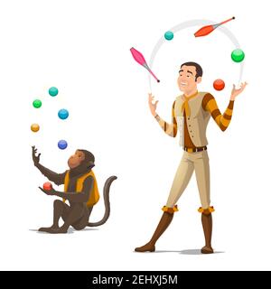 Circus juggler with trained monkey juggling balls and clubs. Vector isolated circus animals and equilibrist man performance Stock Vector