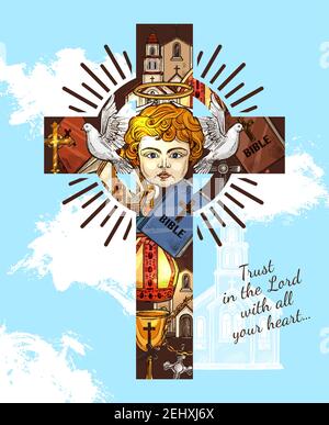 Christianity Catholic religion vector greeting card with Bible sayings. Angel and gold goblet on cross, church and Papas hat, pigeon and halo. Belief Stock Vector