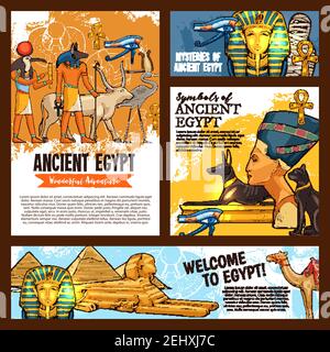 Welcome to Egypt, ancient Egyptian culture landmarks tours and historic adventure travel. Vector sketch Pharaoh mummy, Sphinx or Nefertiti and Cheops Stock Vector