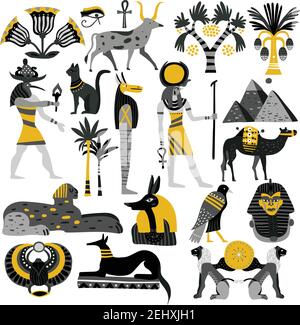 Egypt set of decorative icons with ancient gods, sphinx, scarab, pyramids, palm trees, ankh isolated vector illustration Stock Vector