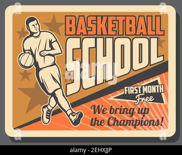 Basketball sport game player in uniform dribbling ball on orange court, vector. Basketball sporting school, sporting coaching and training retro poste Stock Vector