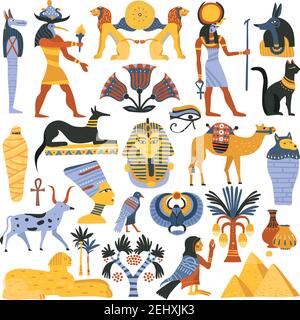 Set of ancient egyptian religion elements including gods, eye of ra, mummy, sphinx, scarab isolated vector illustration Stock Vector