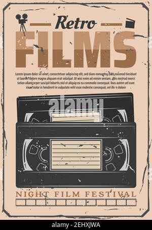 VHS video cassette poster, old movie video digitization. Night cinema festival or retro cinematography movie premiere, filmmaking camera and producer Stock Vector