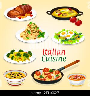 Italian cuisine dishes of meat and fish, pasta. Vector spaghetti with meatballs and tomato sauce, vegetable soup and pesto linguine, baked pork, brocc Stock Vector