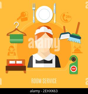 Room service in hotel design concept with maid figurine in uniform double bed room keys towel on hanger flat icons vector illustration Stock Vector