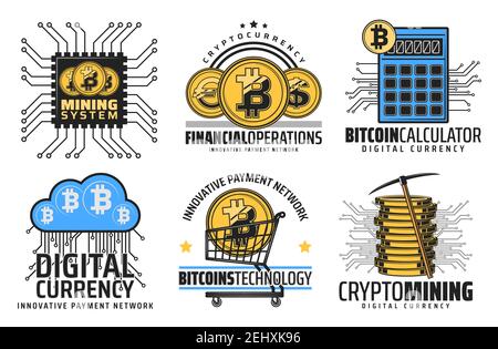 Bitcoin cryptocurrency mining and blockchain technology icons. Vector crypto currency digital wallet, bit coin e-business and online web commerce or f Stock Vector