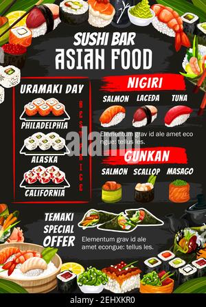 Sushi bar menu of sushi rolls, sashimi and maki. Vector Japanese Alaska, Philadelphia and California roll, salmon or laceda and tuna with scallop and Stock Vector