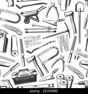 Work tools seamless pattern background with construction and house repair equipments and instruments. Vector hammer, wrench and paint roller, trowel, Stock Vector