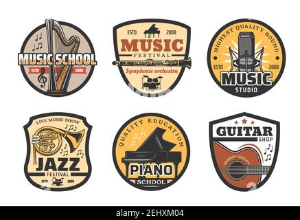 Music icons with musical instruments for school or record studio. Harp and flute, trumpet and piano for symphonic orchestra show. Drums and acoustic g Stock Vector