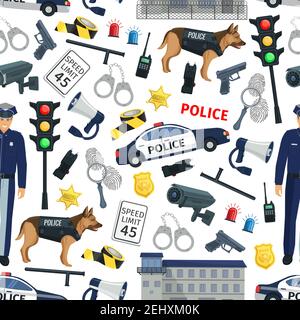 Police and law pattern background. Law and crime seamless policeman, traffic lights or car siren alarm and gun, handcuffs, jail and criminal investiga Stock Vector