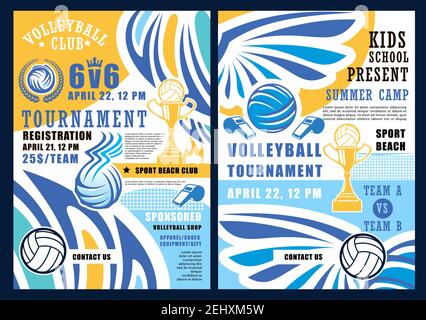 Volleyball sport game, ball and whistle. Vector summer beach tournament, gold trophy cup prize, sporting items, crown and wings. Invitation on kids sc Stock Vector