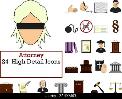 Attorney Icon Set. Flat Color Outline Design With Editable Stroke. Vector Illustration. Stock Vector
