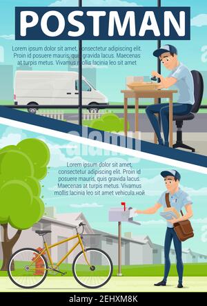 Post office and mail delivery poster with postman at work. Parcels or letters sorting and shipping by van or bicycle. mailman in uniform putting lette Stock Vector