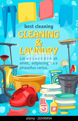 Cleaning service and laundry. Vector washing clothes and housekeeping, jeans and towel on line, basin and rubber gloves. Detergent and sprayer, vacuum Stock Vector