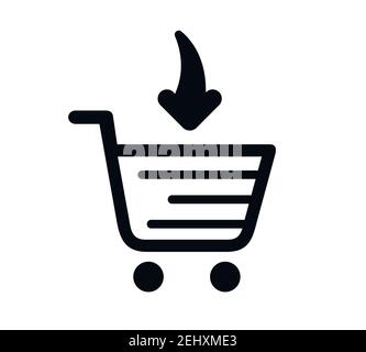 Black shopping cart with black down arrow sign. Simple icon isolated on white Stock Vector