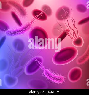 Viruses, bacterias and germs seamless pattern background. 3d harmful microorganisms and infectious disease pathogens with red blood cells. Medicine an Stock Vector