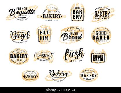 Bread and bakery products for dessert icons with lettering. Bagel and muffin, croissant and baguette silhouettes with signs for pastry food shop. Food Stock Vector