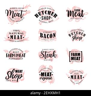 Meat products and butchery shop lettering. Vector sketch calligraphy of butcher organic pork knuckle or ham hock, T-bone beefsteak and bacon or tender Stock Vector