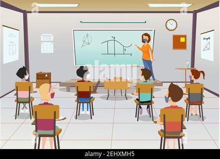 Social distancing is maintained in a classroom session. Stock Vector
