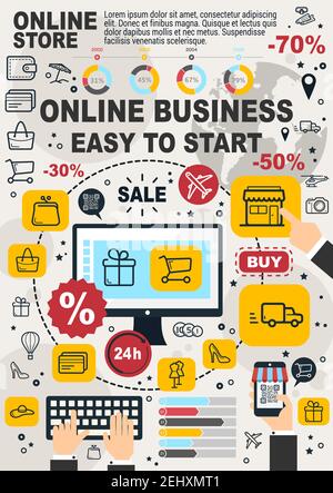 Online business vector infographic, internet startup with modern technologies. Web shop or store delivery, business easy to start. Statistical graphic Stock Vector